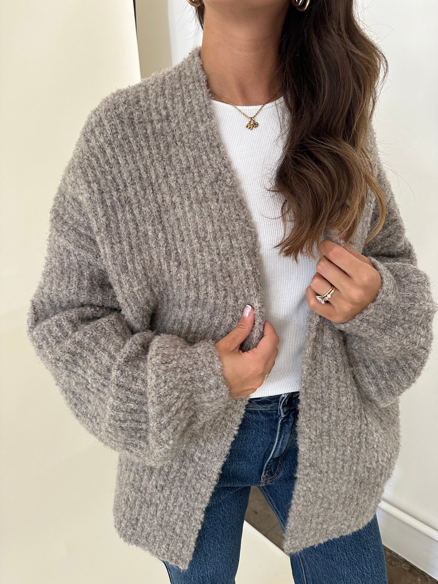 Darla Chunky Ribbed Open Wool Knit Cardigan (Taupe)