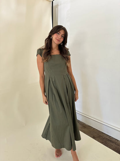 Dorothy Olive Cotton Cap Sleeve Cinched Maxi Dress