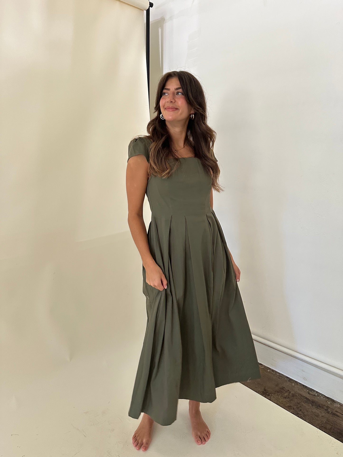 Dorothy Olive Cotton Cap Sleeve Cinched Maxi Dress