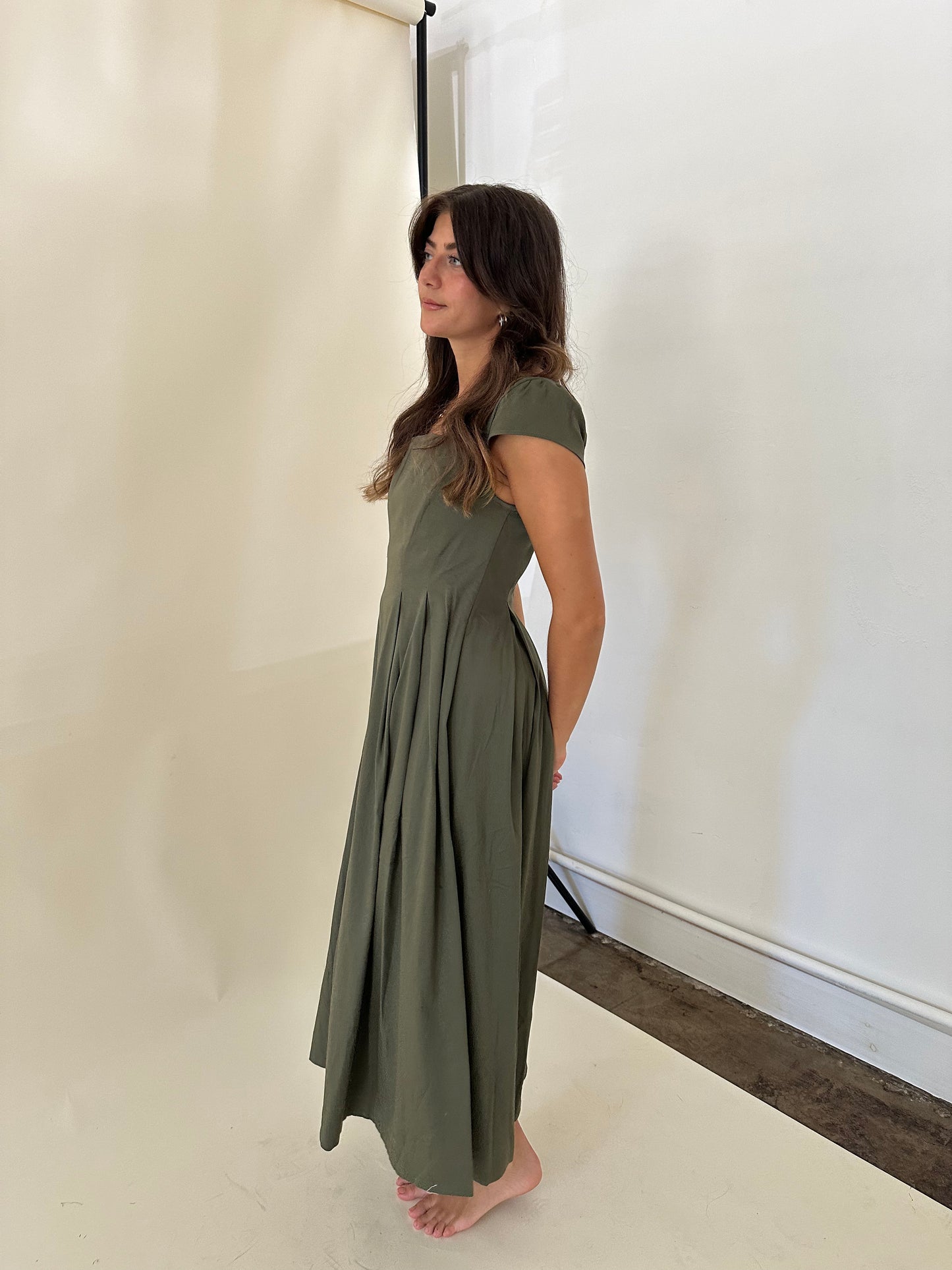 Dorothy Olive Cotton Cap Sleeve Cinched Maxi Dress