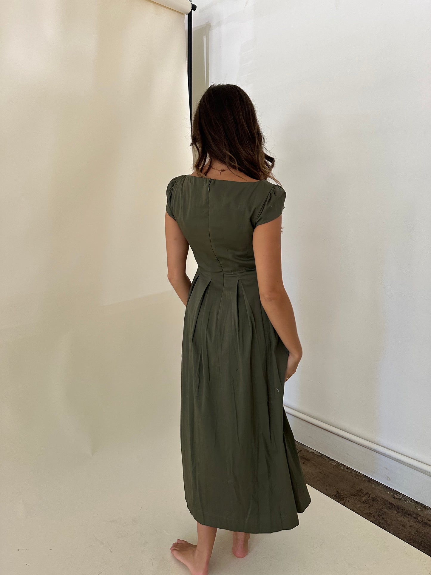 Dorothy Olive Cotton Cap Sleeve Cinched Maxi Dress