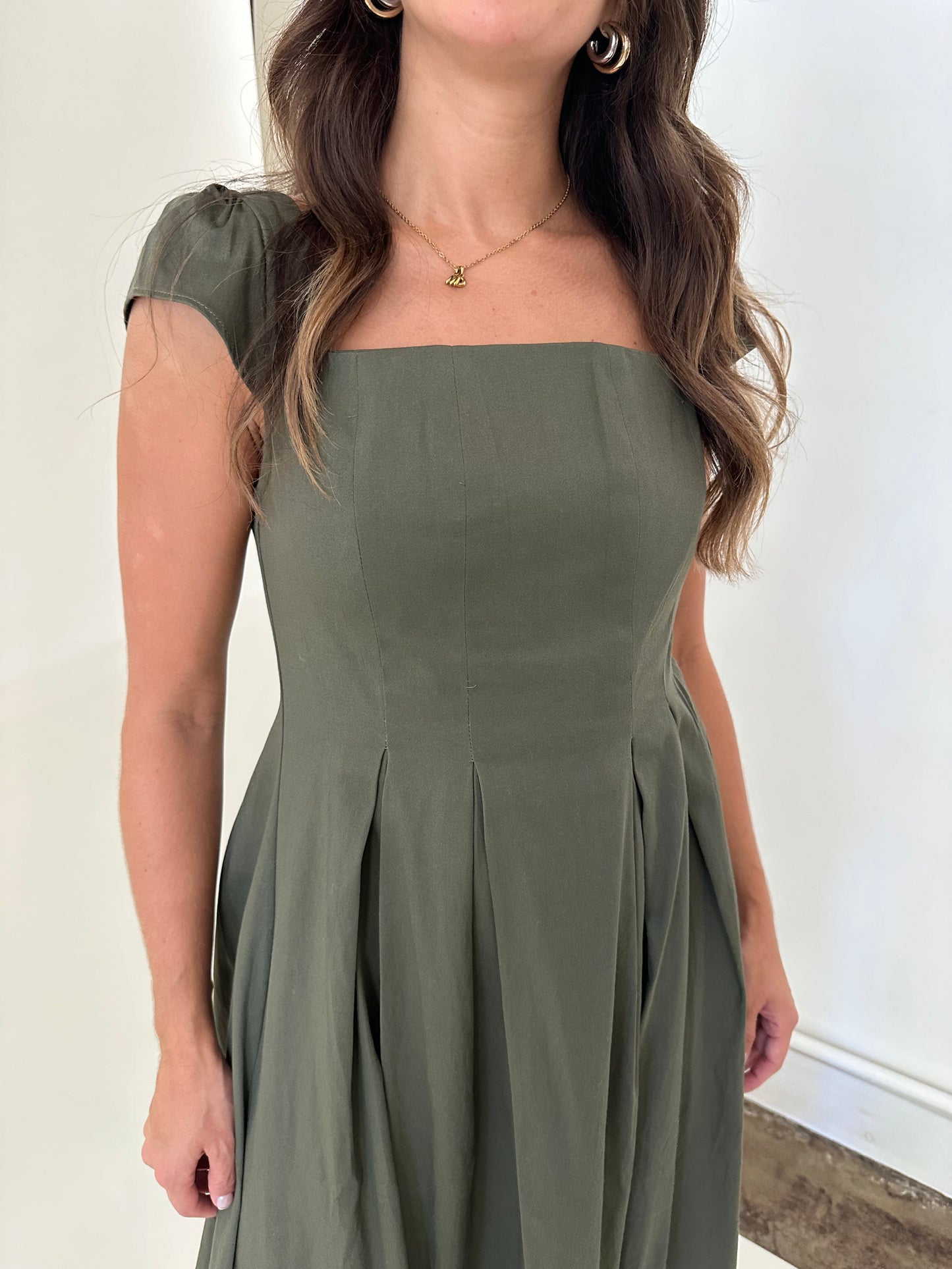 Dorothy Olive Cotton Cap Sleeve Cinched Maxi Dress