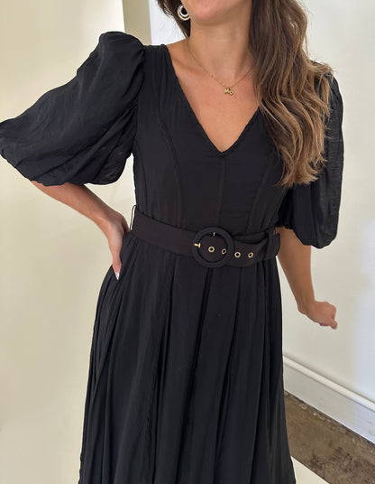 Sofie the Label Delilah Puff Sleeve Belted Midi Dress (Black)