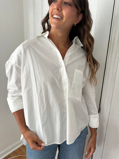 Emery Cotton Poplin Long Sleeve Button Top (White)