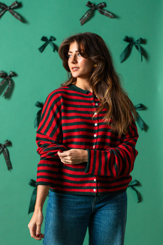 Things Between Piper Knit Rolled Hem Button Cardigan (Green/Red Stripe)