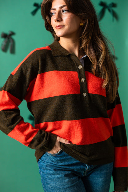 FRNCH Akiko Red and Green Stripe Polo Sweater Top