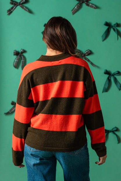 FRNCH Akiko Red and Green Stripe Polo Sweater Top