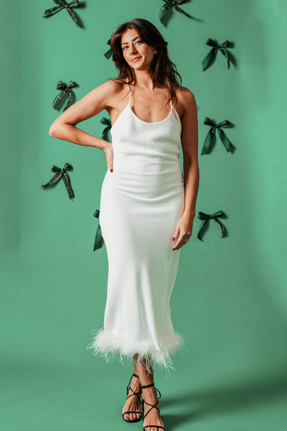 Lucy Paris Magali White Feather Bias Sleeveless Midi Dress