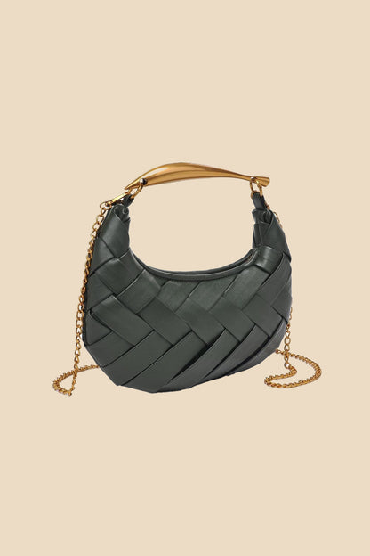 Woven Faux Leather Gold Handle Bag (Olive)