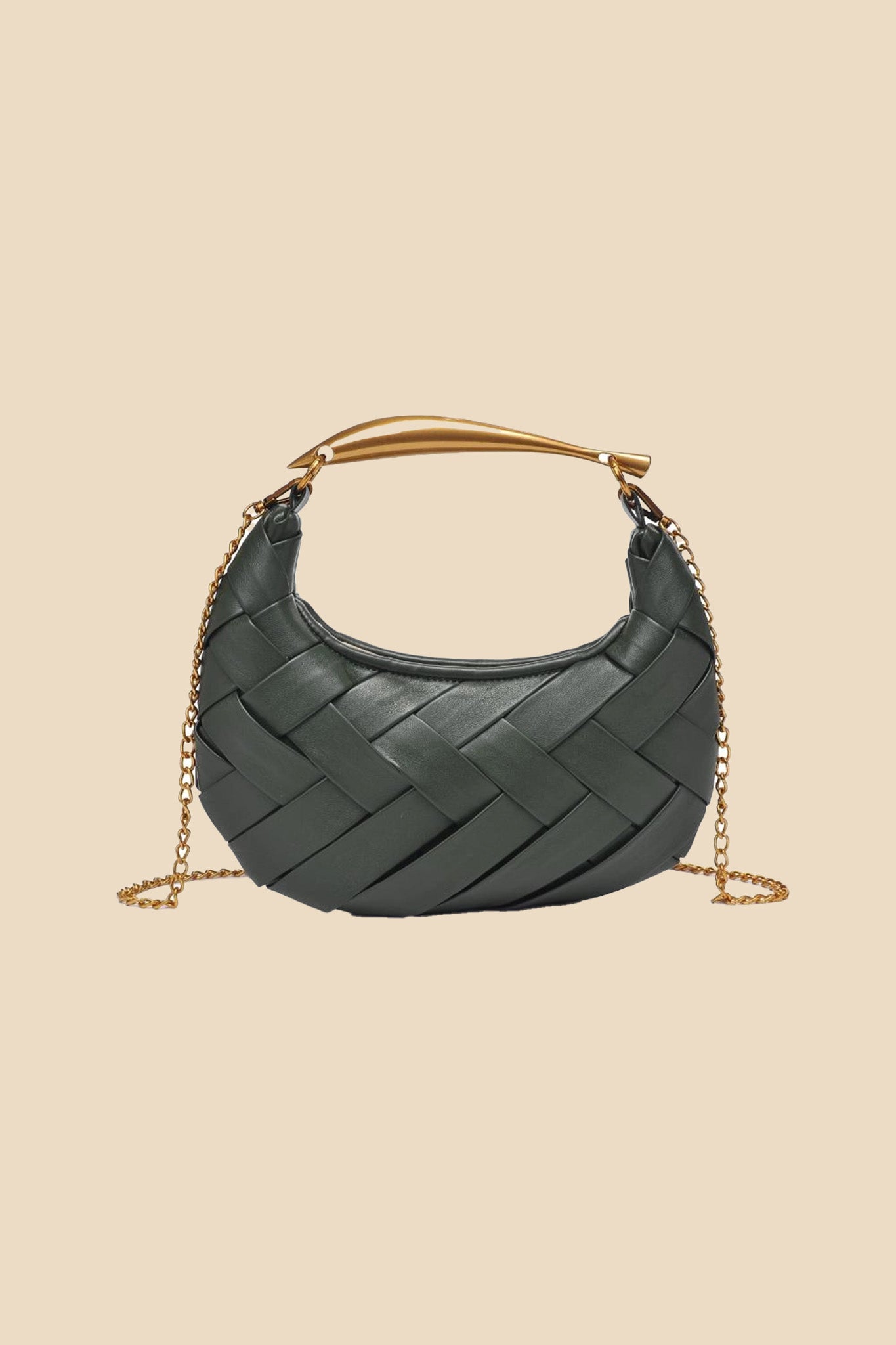 Woven Faux Leather Gold Handle Bag (Olive)