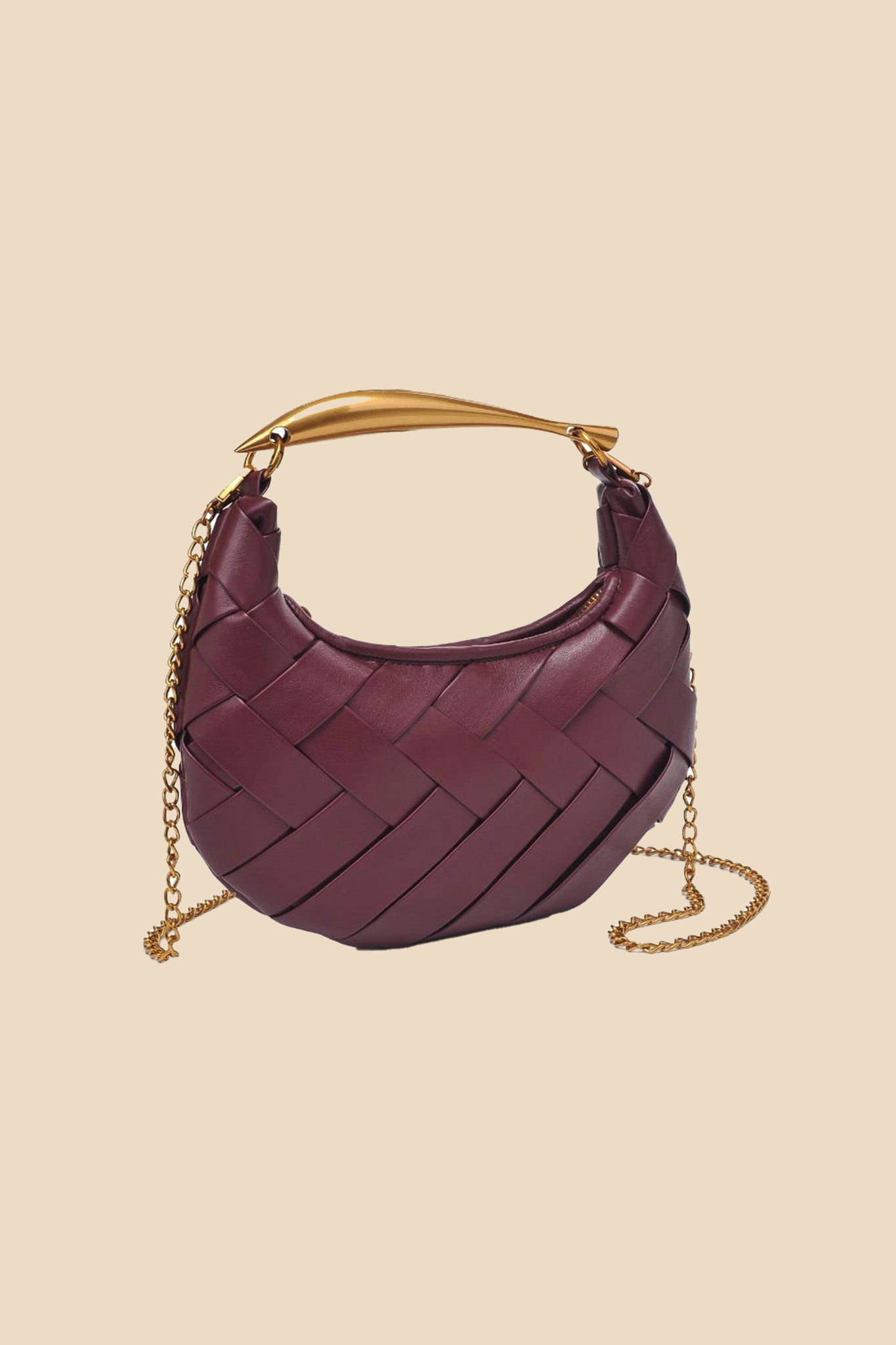 Woven Faux Leather Gold Handle Bag (Wine)