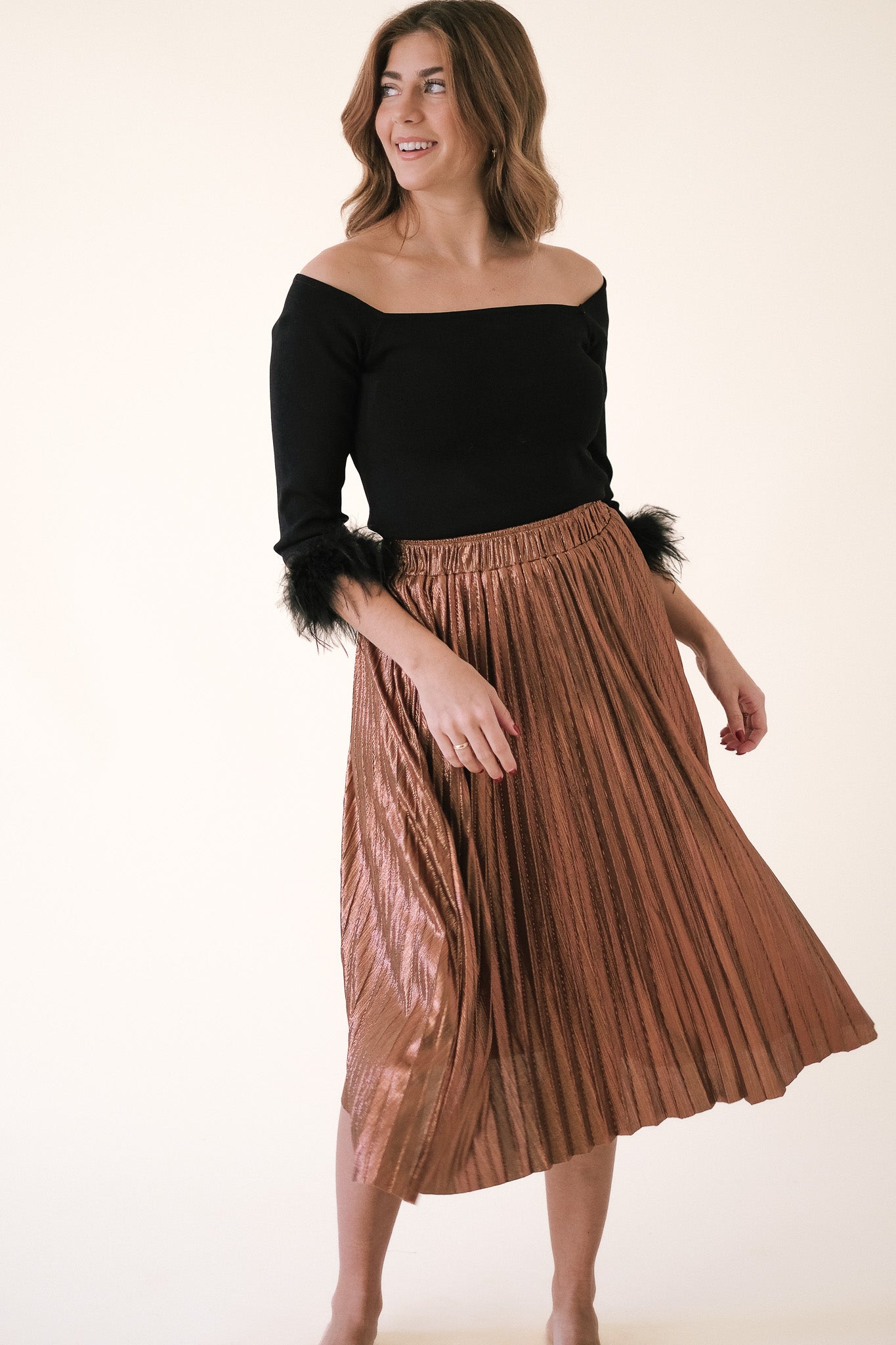 Molly Bracken Harmony Copper Foil Pleated Midi Skirt