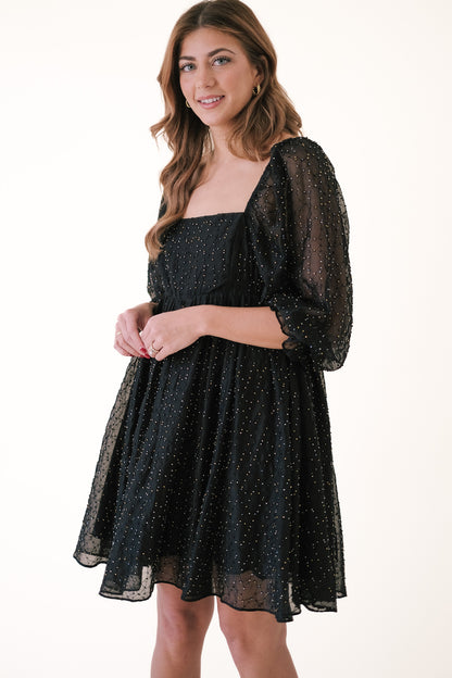 Hayden Black Beaded Long Sleeve Mini Babydoll Dress (S)