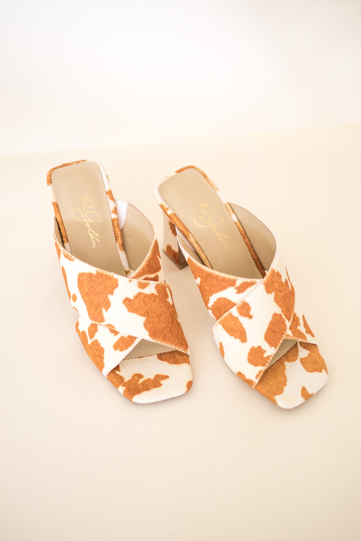 42 Gold Heeled Saldana Cow Print Sandal (Sz.5.5)