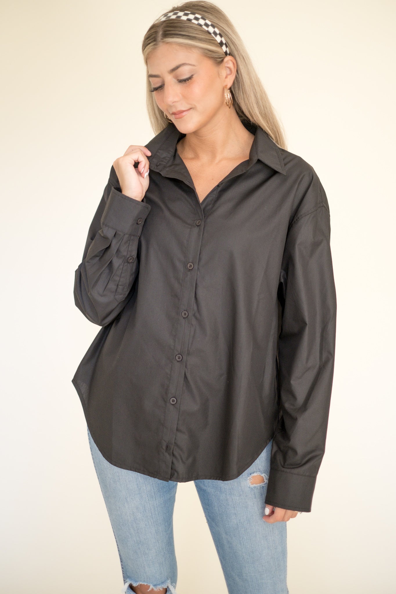 Bev Black Cotton Long Sleeve Collared Top (M)